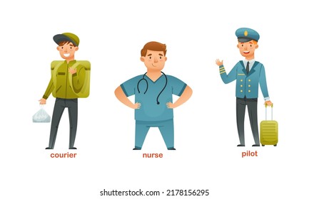 Man Character of Various Professions with Courier, Nurse and Pilot in Uniform Vector Set