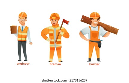 Man Character of Various Professions with Engineer, Fireman and Builder in Uniform Vector Set