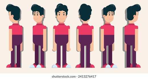 Man character vector design. Boy character vector design. simple and flat character Young Man Wearing T-shirt and Jeans, Character Front, side, back view and explainer animation poses. Boy six poses.