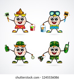 Man Character vector. Set of cute male and female cartoon characters of different occupation. Set of different professions. Workman, Painter, Military, Soldier. Colorful vector illustration.