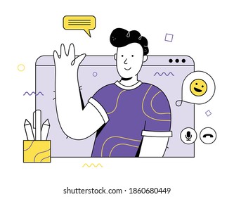 Man Character. Video conference.  Vector flat style illustration. Молодой человек, парень. Видео конференция.