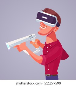 Man character in with virtual reality glasses. Vector flat cartoon illustration