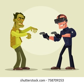 Man character in virtual reality glasses struggling with zombies. Vector cartoon illustration