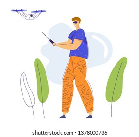 Man Character in Virtual Reality Goggles Flying Drone with Remote Control. Video Photo Camera Flight Gadget Technology. Man Woman Controlling Air Drone. Vector flat cartoon illustration
