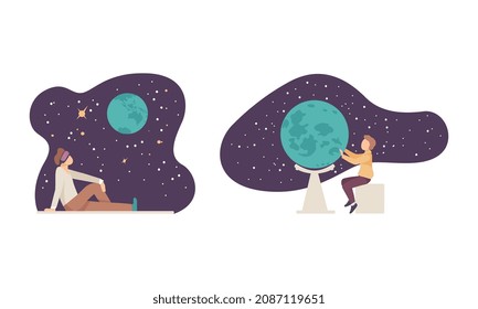 Man Character Visiting Planetarium Learning about Astronomy and Night Sky Vector Set