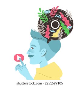 Man Character with Visual Type of Thinking and Mindset Model in His Head Vector Illustration
