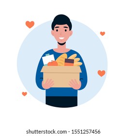 Man Character Volunteer Hold Big Box Of Foods. Food Donation Concept. Flat Vector Cartoon Illustration Isolated White Background.