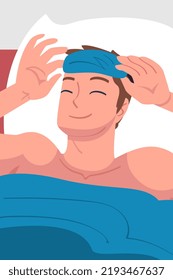 Man Character Waking Up Feeling Happy Lying in Bed in Sleeping Mask Ready to Get Up in the Morning Vector Illustration