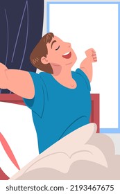 Man Character Waking Up Feeling Happy Stretching Out in Bed Ready to Get Up in the Morning Vector Illustration