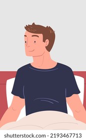 Man Character Waking Up Feeling Happy Sitting in Bed Ready to Get Up in the Morning Vector Illustration