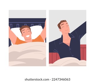 Man Character Waking Up Feeling Happy Stretching Out in Bed Ready to Get Up in the Morning Vector Set