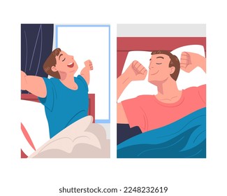 Man Character Waking Up Feeling Happy Stretching Out in Bed Ready to Get Up in the Morning Vector Set