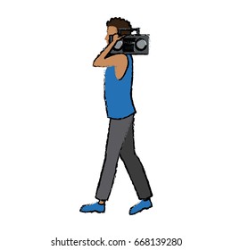 man character walking holding stereo radio listen music