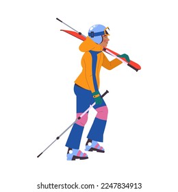 Man Character Walking with Skis and Poles for Alpine Skiing in Winter Season Vector Illustration