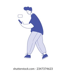 Man Character Walking with Smartphone Using Social Media Vector Illustration