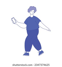 Man Character Walking with Smartphone Using Social Media Vector Illustration