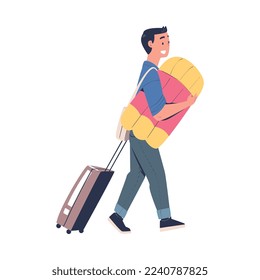Man Character Walking with Suitcase and Inflatable Raft Going on Summer Vacation Having Journey Vector Illustration