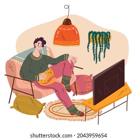 Man character watching TV sitting on sofa home living room illustration