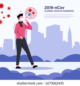 man character wear face mask, coughing and sneezing because of wuhan corona virus. isolated with city building background template. Global health warning vector illustration