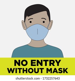 Man character wear medical face mask, before entering public place, to prevent disease, flu, air pollution, corona virus, no entry without mask cartoon, icon, sketch, design