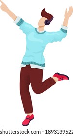 Man character wear modern clothes, male in music headphones listening song and dancing flat vector illustration, isolated on white. Young human cheerfully time spend, teenager relaxing weekend.