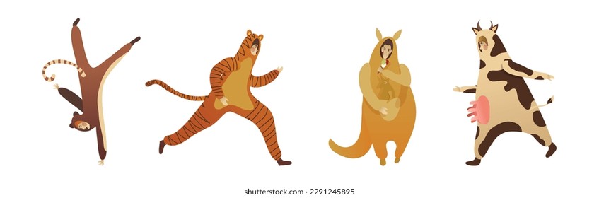 Man Character Wearing Animal Costume Participating in Masquerade and Celebrating Party Vector Set