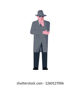 Man character wearing in coat is thinking in flat cartoon style. Question person isolated on white background. Vector illustration
