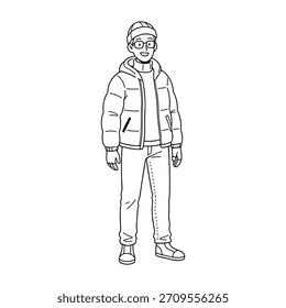 Man character wearing winter jacket clothes vector illustration in sketch style.