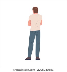 Man Character in White Sweatshirt Standing Back View Vector Illustration