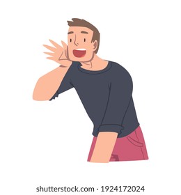 Man Character with Wide Open Mouth Shouting or Screaming Loud Holding Hand Near Mouth Vector Illustration