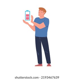 Man Character Working with Charged Battery Having Energy Vector Illustration