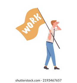 Man Character Working Holding Flag Looking Into Future Vector Illustration