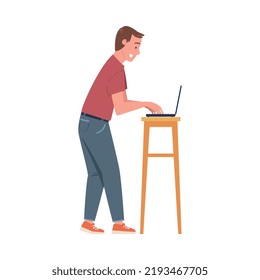 Man Character Working at Laptop Rested on Stool Vector Illustration