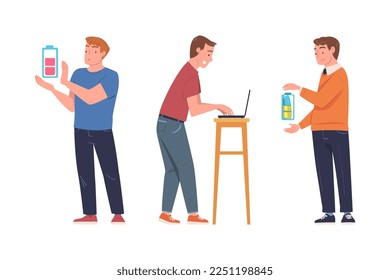 Man Character Working at Laptop and Standing with Battery Vector Set