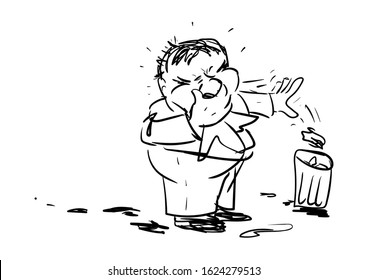 A man with characteristic signs of fever, runny nose, sneezing. The man blows his nose and throws the used handkerchief into the bin.
The drawing is drawn by hand in black and white.