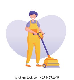 Man characters with cleaning equipment in trendy flat design. Dressed in cleaning service uniform. Vector illustration.