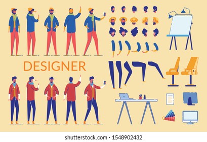 Man Characters Designer Constructor Flat Cartoon Vector Illustration. Bearded Male Creation Set with Front, Side, Back Views, Hairstyles, Arms, LegsPositions and Gestures. Equipment for Creation.