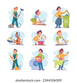 Man Characters Doing Housework and Household Activity Vector Set
