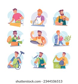 Man Characters Doing Housework and Household Activity Vector Set