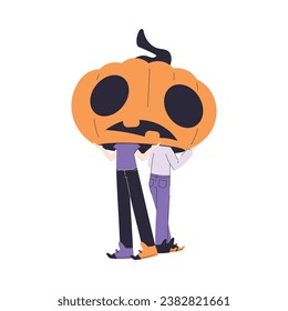 Man Characters at Halloween Party Standing Under Huge Pumpkin Head Vector Illustration