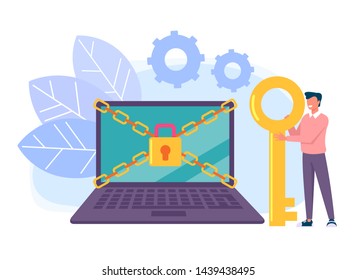 Man characters holding key and unlock privacy laptop pc personal data information. Data protection online login password concept. Vector flat cartoon graphic design isolated illustration