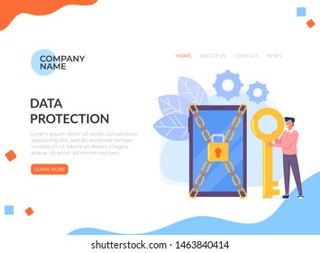 Man characters holding key and unlock privacy smartphone personal data information. Data protection online login password web banner page concept. Vector flat cartoon graphic design isolated