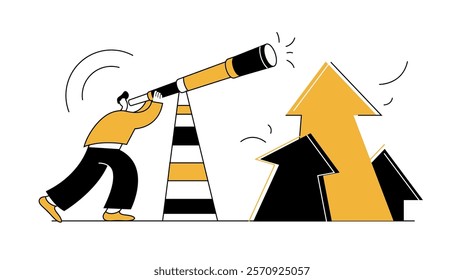 Man Characters large telescope or binoculars gazing toward upward. People looking, progress, growth, opportunities, business growth, strategic planning, and identifying new opportunities. 