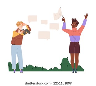 Man Characters Looking in Binoculars and Waving White Flag Having Connections with Each Other Engaged in Social Interaction Vector Illustration