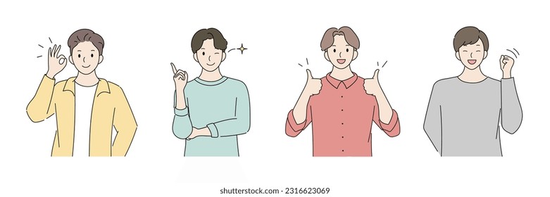 Man characters people portrait illustration. Set of men in different poses, smile, okay, say yes, pointing, good job, hairstyle and clothes. Minimal style young adults for ads, prints, decorative.