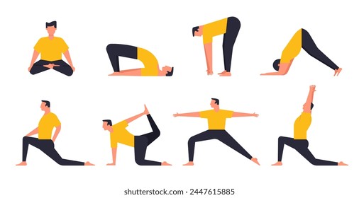 Man characters practicing pilates or yoga session. Vector of sport yoga illustration, body lifestyle isolated, healthy pose asana, health wellness