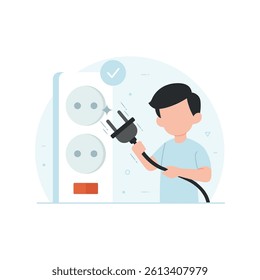 Man Characters reduce energy consumption at home with unplug appliances electric
