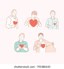 Man Characters Send Love Hearts Hand Drawn Style Vector Doodle Design Illustrations.