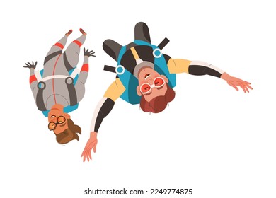 Man Characters Skydiving Falling Down with Parachute Vector Illustration