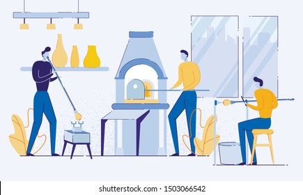 Man Characters Working with Glass Flat Cartoon Vector Illustration. Male Glassblower or Worker Melting Glass in Furnace, Hobby or Profession. Boy Blowing Vessel in Studio. Shelves with Works.